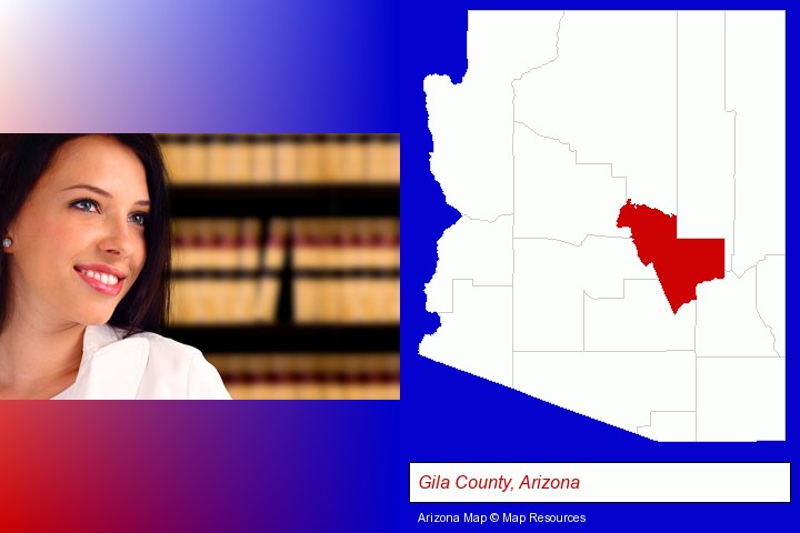 a young, female attorney in a law library; Gila County, Arizona highlighted in red on a map