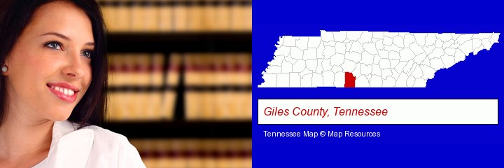 a young, female attorney in a law library; Giles County, Tennessee highlighted in red on a map
