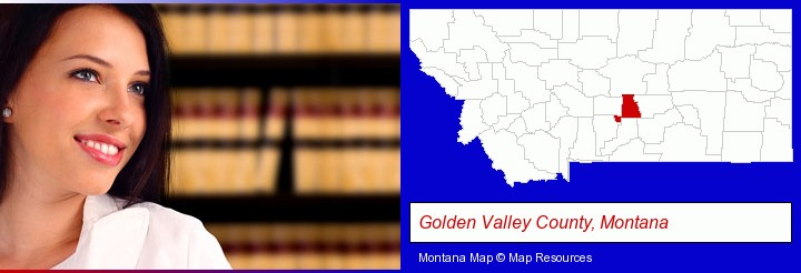 a young, female attorney in a law library; Golden Valley County, Montana highlighted in red on a map