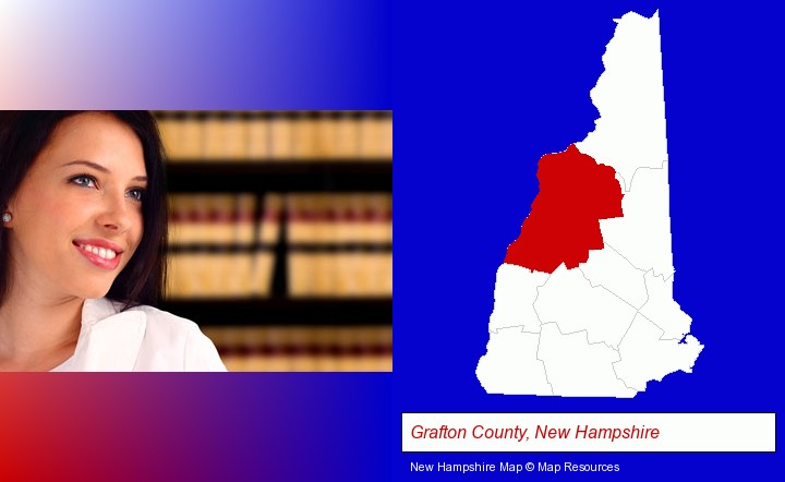 a young, female attorney in a law library; Grafton County, New Hampshire highlighted in red on a map