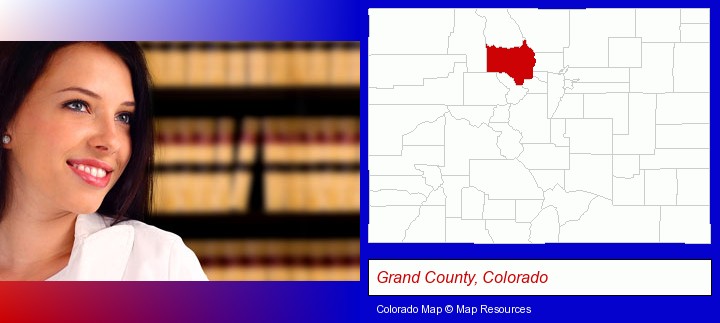a young, female attorney in a law library; Grand County, Colorado highlighted in red on a map