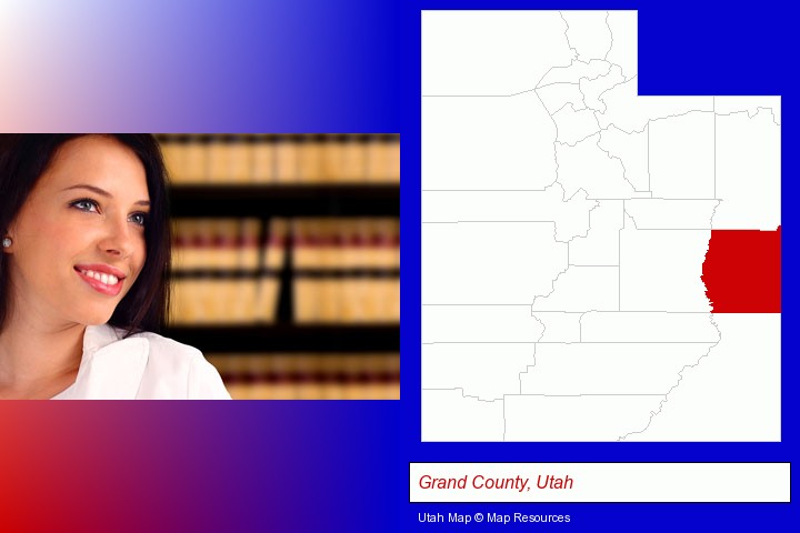 a young, female attorney in a law library; Grand County, Utah highlighted in red on a map