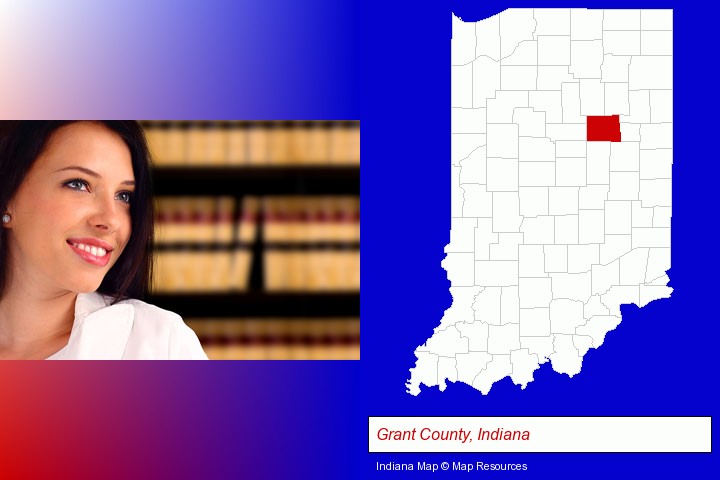 a young, female attorney in a law library; Grant County, Indiana highlighted in red on a map