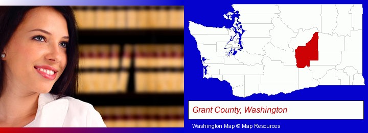 a young, female attorney in a law library; Grant County, Washington highlighted in red on a map