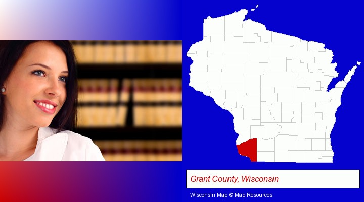 a young, female attorney in a law library; Grant County, Wisconsin highlighted in red on a map