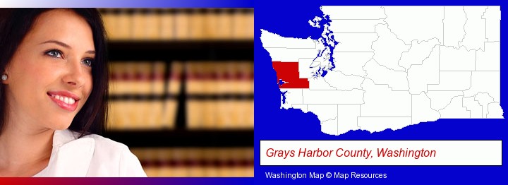 a young, female attorney in a law library; Grays Harbor County, Washington highlighted in red on a map