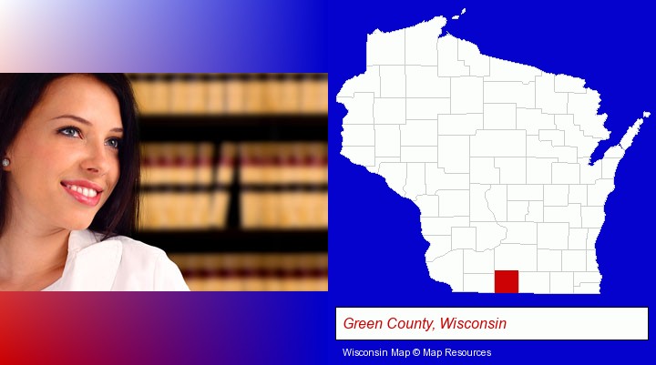 a young, female attorney in a law library; Green County, Wisconsin highlighted in red on a map