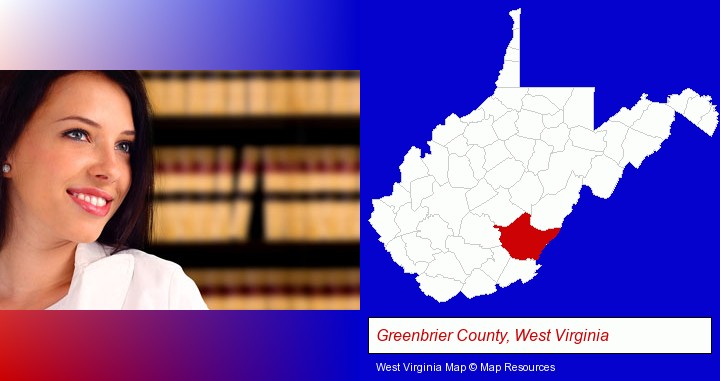 a young, female attorney in a law library; Greenbrier County, West Virginia highlighted in red on a map