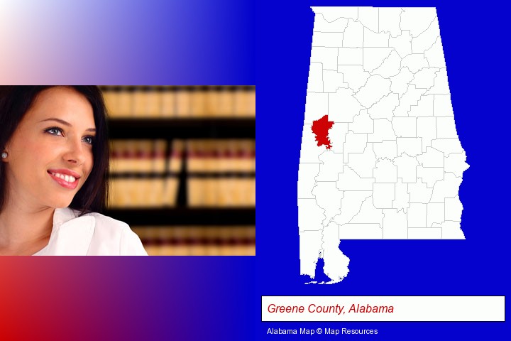 a young, female attorney in a law library; Greene County, Alabama highlighted in red on a map