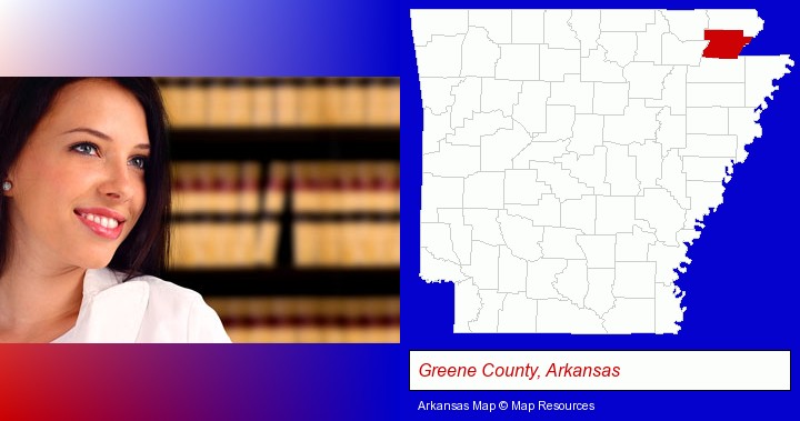 a young, female attorney in a law library; Greene County, Arkansas highlighted in red on a map