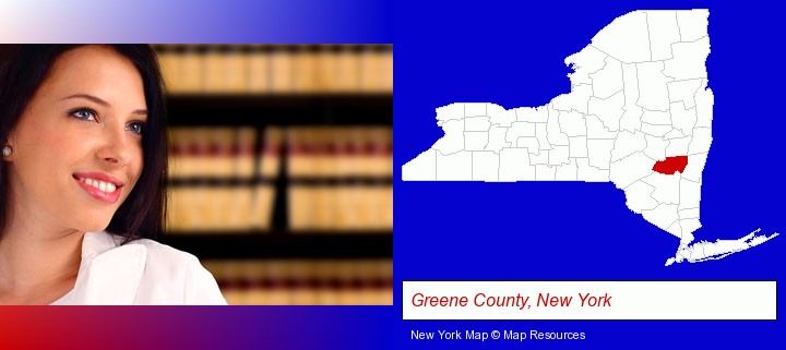 a young, female attorney in a law library; Greene County, New York highlighted in red on a map