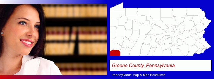 a young, female attorney in a law library; Greene County, Pennsylvania highlighted in red on a map