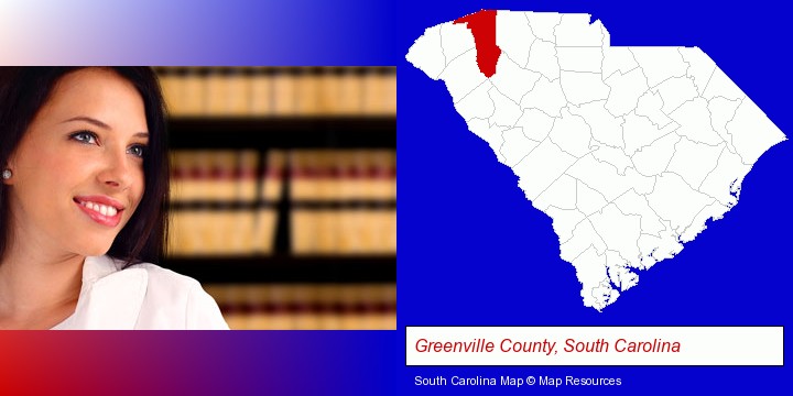 a young, female attorney in a law library; Greenville County, South Carolina highlighted in red on a map