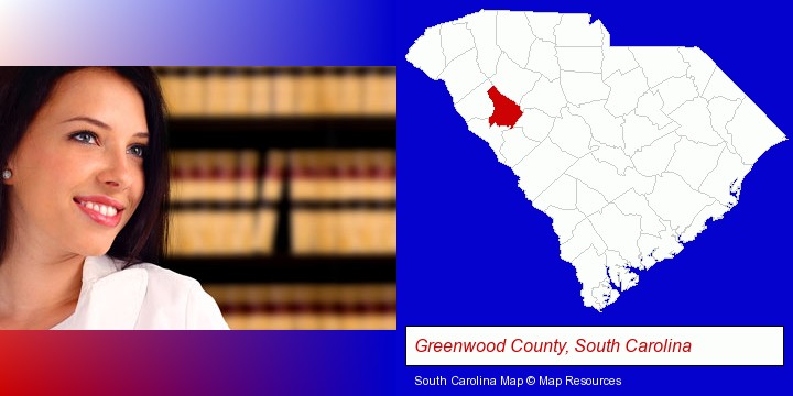 a young, female attorney in a law library; Greenwood County, South Carolina highlighted in red on a map