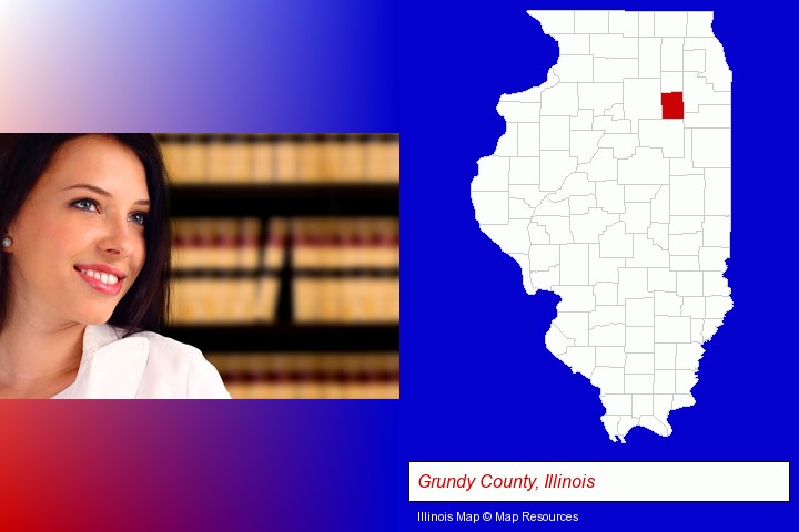 a young, female attorney in a law library; Grundy County, Illinois highlighted in red on a map