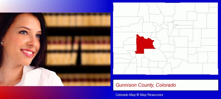 a young, female attorney in a law library; Gunnison County, Colorado highlighted in red on a map