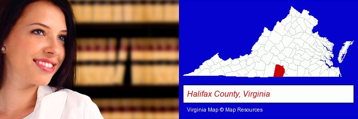 a young, female attorney in a law library; Halifax County, Virginia highlighted in red on a map
