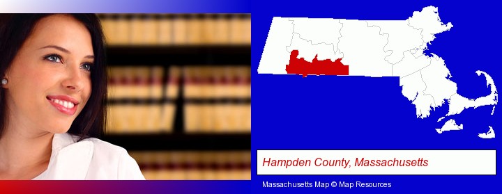a young, female attorney in a law library; Hampden County, Massachusetts highlighted in red on a map