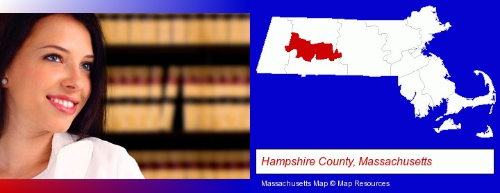 a young, female attorney in a law library; Hampshire County, Massachusetts highlighted in red on a map