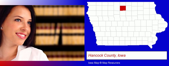 a young, female attorney in a law library; Hancock County, Iowa highlighted in red on a map