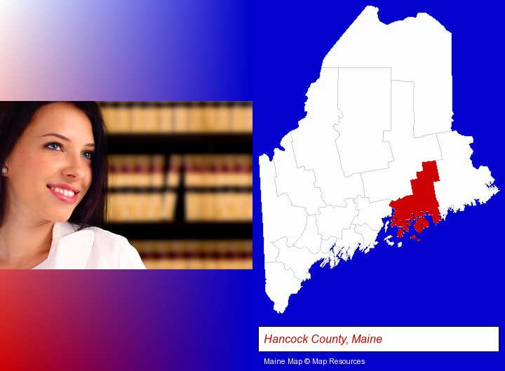 a young, female attorney in a law library; Hancock County, Maine highlighted in red on a map