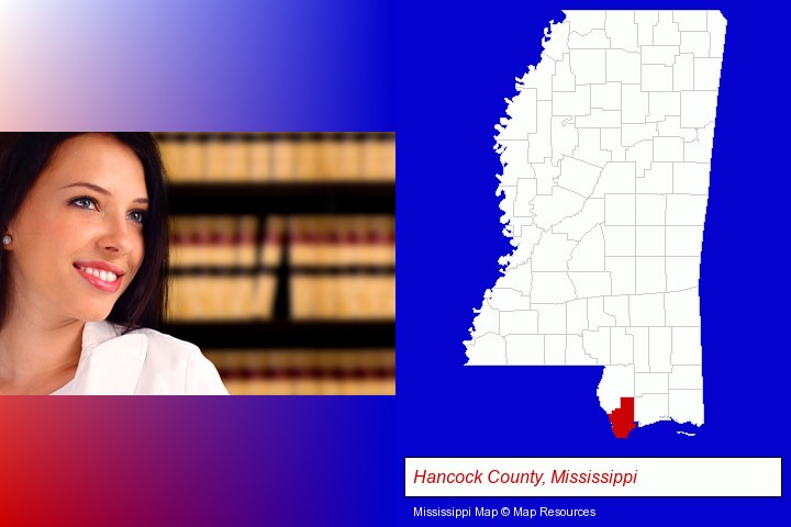 a young, female attorney in a law library; Hancock County, Mississippi highlighted in red on a map