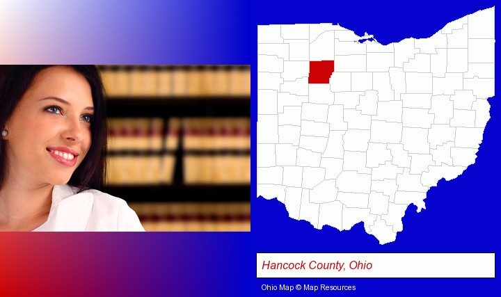 a young, female attorney in a law library; Hancock County, Ohio highlighted in red on a map