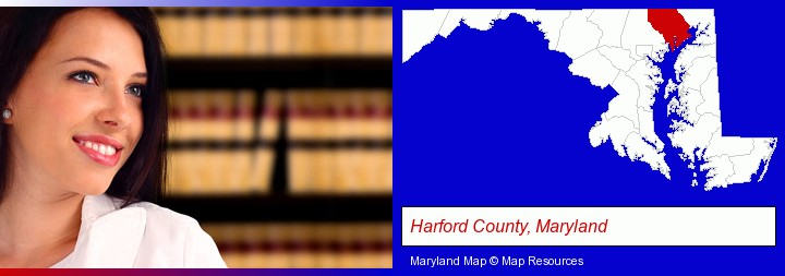 a young, female attorney in a law library; Harford County, Maryland highlighted in red on a map
