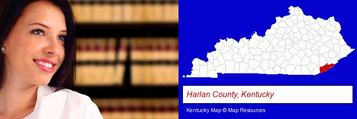 a young, female attorney in a law library; Harlan County, Kentucky highlighted in red on a map