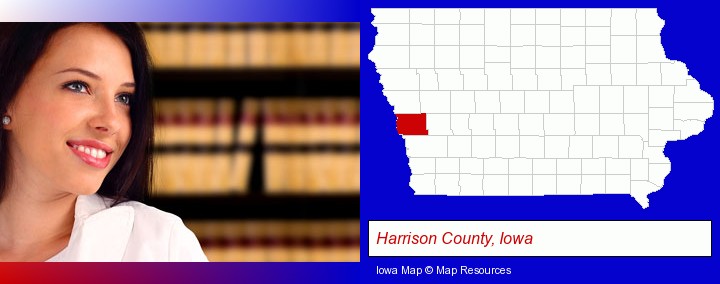 a young, female attorney in a law library; Harrison County, Iowa highlighted in red on a map