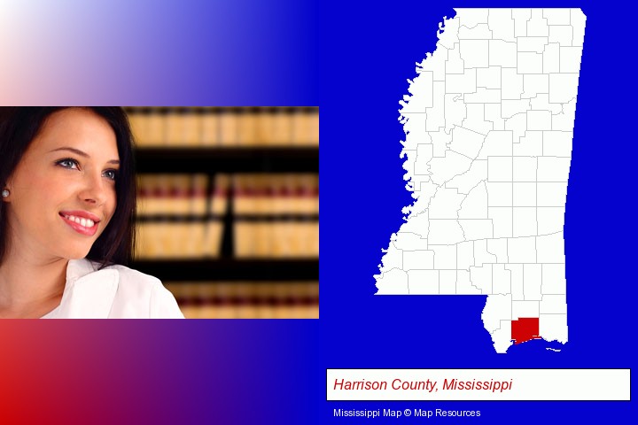 a young, female attorney in a law library; Harrison County, Mississippi highlighted in red on a map