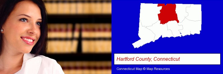 a young, female attorney in a law library; Hartford County, Connecticut highlighted in red on a map