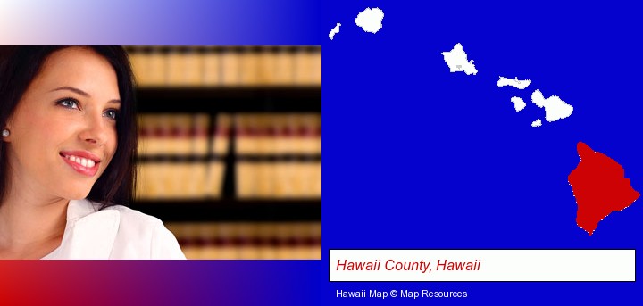 a young, female attorney in a law library; Hawaii County, Hawaii highlighted in red on a map