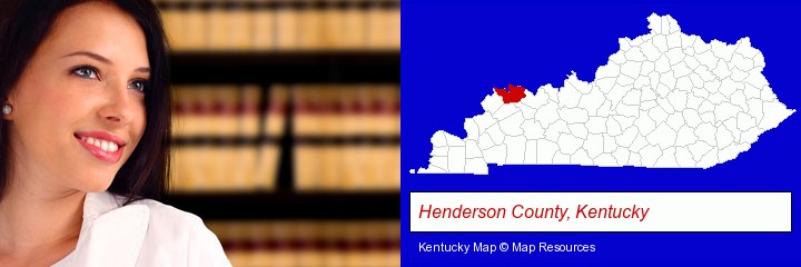 a young, female attorney in a law library; Henderson County, Kentucky highlighted in red on a map