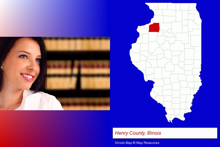 a young, female attorney in a law library; Henry County, Illinois highlighted in red on a map