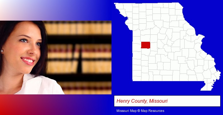 a young, female attorney in a law library; Henry County, Missouri highlighted in red on a map
