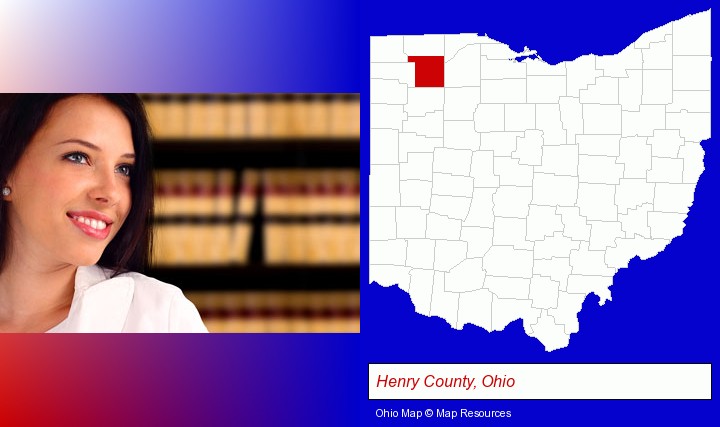 a young, female attorney in a law library; Henry County, Ohio highlighted in red on a map