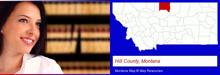 a young, female attorney in a law library; Hill County, Montana highlighted in red on a map