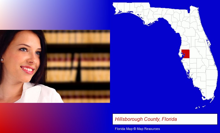 a young, female attorney in a law library; Hillsborough County, Florida highlighted in red on a map