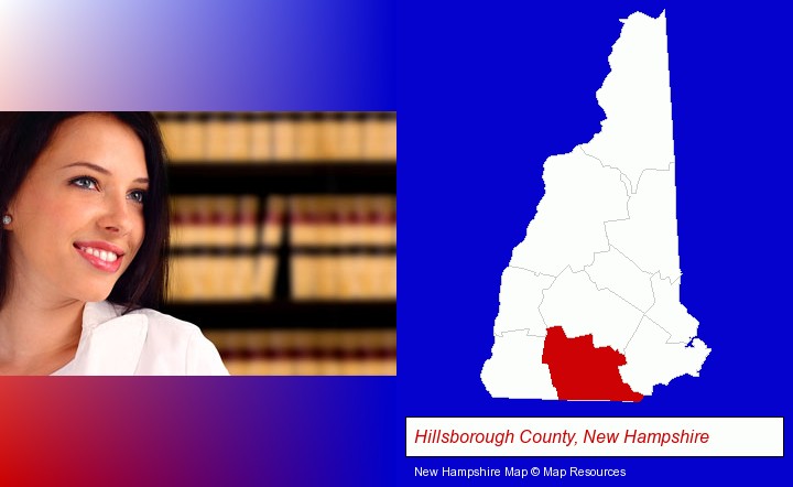a young, female attorney in a law library; Hillsborough County, New Hampshire highlighted in red on a map
