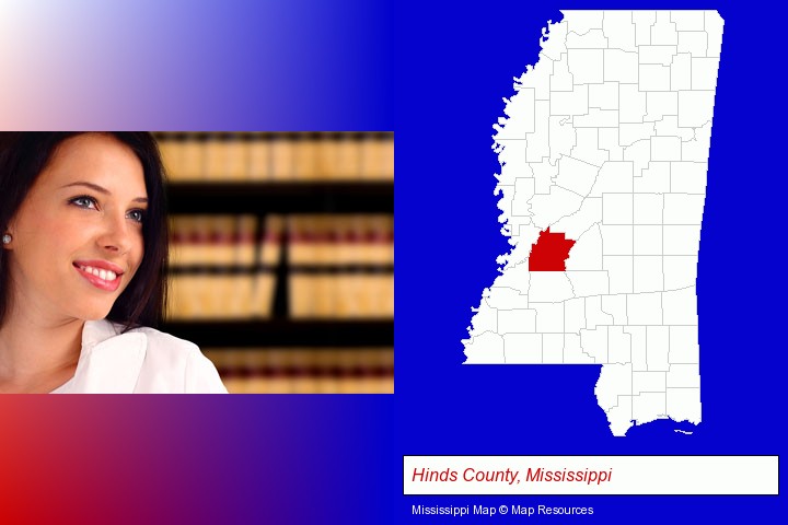 a young, female attorney in a law library; Hinds County, Mississippi highlighted in red on a map