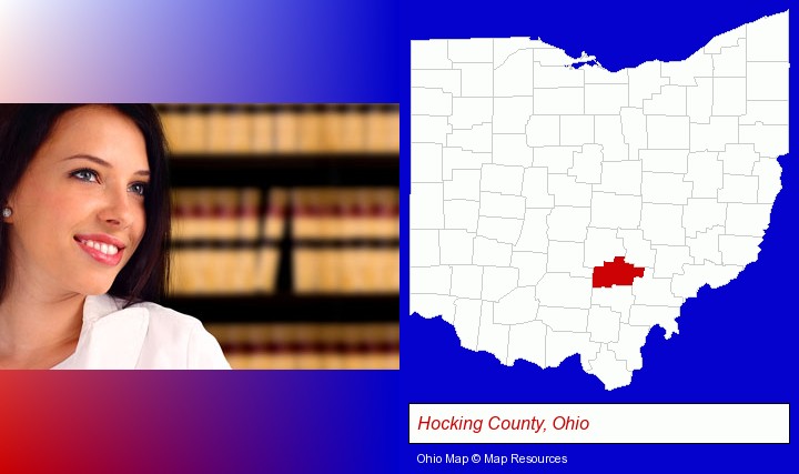 a young, female attorney in a law library; Hocking County, Ohio highlighted in red on a map