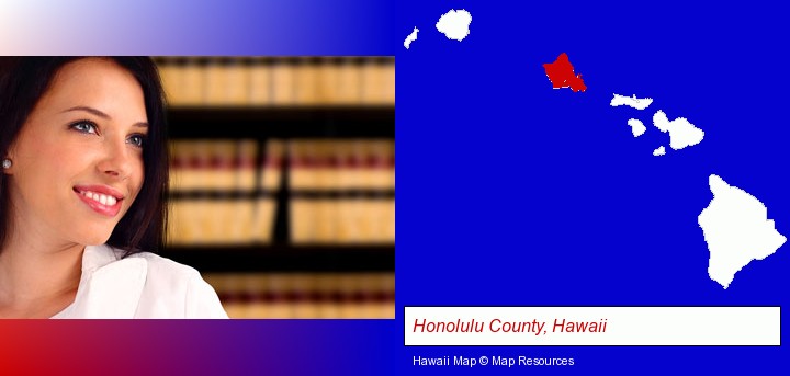 a young, female attorney in a law library; Honolulu County, Hawaii highlighted in red on a map