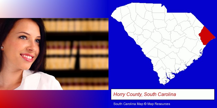 a young, female attorney in a law library; Horry County, South Carolina highlighted in red on a map