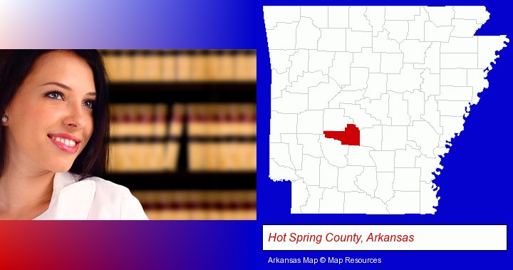 a young, female attorney in a law library; Hot Spring County, Arkansas highlighted in red on a map