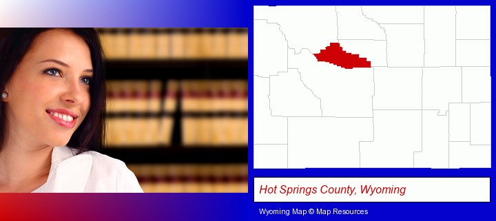 a young, female attorney in a law library; Hot Springs County, Wyoming highlighted in red on a map