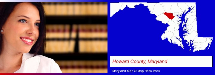 a young, female attorney in a law library; Howard County, Maryland highlighted in red on a map