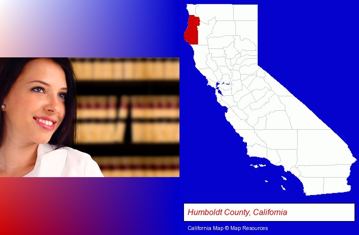 a young, female attorney in a law library; Humboldt County, California highlighted in red on a map