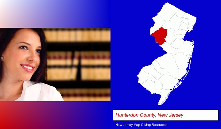 a young, female attorney in a law library; Hunterdon County, New Jersey highlighted in red on a map