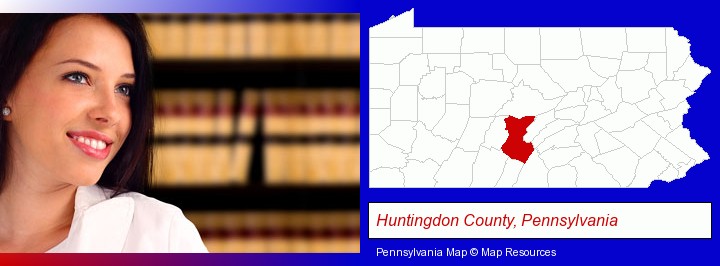 a young, female attorney in a law library; Huntingdon County, Pennsylvania highlighted in red on a map